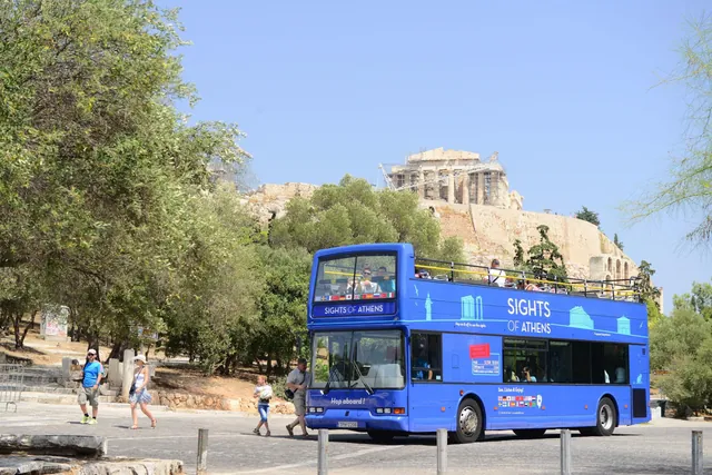Hop-on hop-off bus tour Athens — boarding near the Acropolis and Plaka old town